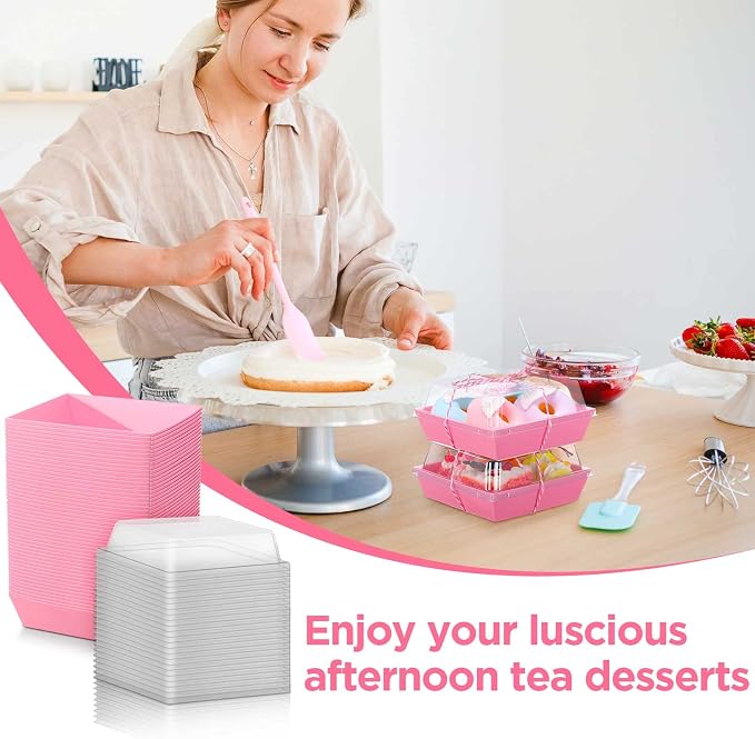 Outus 100 Pack Charcuterie Boxes with Clear Lids, Paper Dessert Boxes to Go with Gift Tags Rope Disposable Party Favor Treat Food Containers for Cookies, Donuts, Muffins, Salad, and Pastry