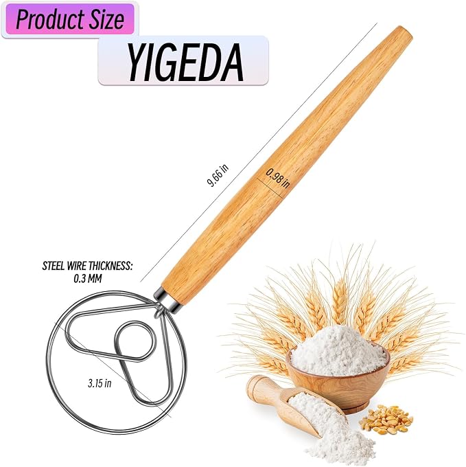 Danish Dough Whisk with Dough Hook Stainless Steel Wooden Handle for Sourdough Bread Baking Dough Mixing