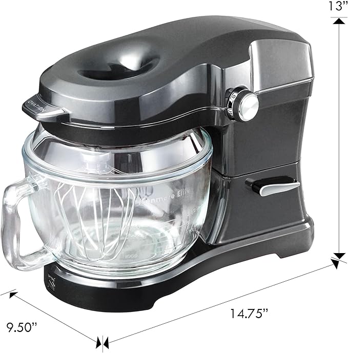 Kenmore Elite Ovation 5 Qt Stand Mixer, 500 Watts, with Revolutionary Pour-In Top, Tilt Head, Flat Beater, Whisk, Dough Hook, 360-degree Splash Guard, Glass Bowl, LED Light, Metallic Grey