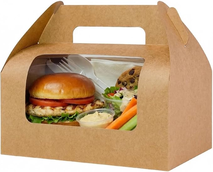 UnicoPak 30 Pack Brown Gable Bakery Boxes with Window 9x6x6, Food-grade Cardboard, Rustic Treat Boxes for Homemade Gifts, Lunch, Donuts, Bread, Large Gift Boxes with Handles for Favors