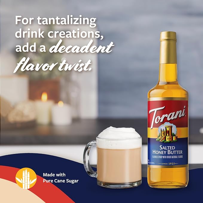 Torani Coffee Syrup, Salted Honey Butter, Flavoring for Drinks and Desserts, Glass Bottle 4-Pack, Pumps Included, 25.4 Fl Oz Ea