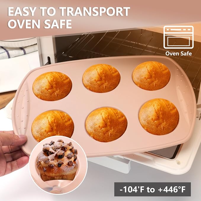 6-Cavity Silicone Muffin Pan, Circular Shape Non-Stick Baking Mold for Cupcakes, Egg Tarts, Fruit Pies, Brownies, Oven & Dishwasher Safe (-104°F to +446°F), BPA-Free Flexible Bakeware - Nordic pink