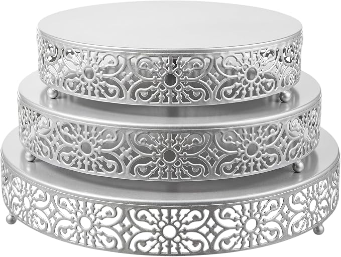 Wenqik 3 Pcs 16'' 14'' 12'' Metal Silver Cake Stand Round Cake Stands for Dessert Table Cookies Fruit Serving Tray Cupcake Dessert Pastry Riser for Wedding Birthday Party and Events