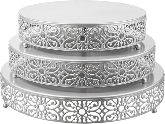 Wenqik 3 Pcs 16'' 14'' 12'' Metal Silver Cake Stand Round Cake Stands for Dessert Table Cookies Fruit Serving Tray Cupcake Dessert Pastry Riser for Wedding Birthday Party and Events