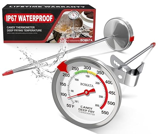 BOMATA 2-Pack Candy Thermometer with Pot Clip, Hands-Free Use, Waterproof IP67 and 2.5" Display Deep Fry Oil Thermometer with NSF Certified, for Cooking, Food, Turkey, BBQ, Grill... Mth400 Silver&Gray