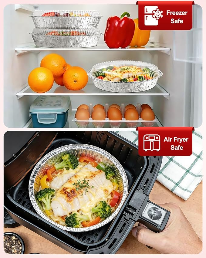 50 Pack 9 Inch Round Aluminum Pans with Plastic Clear Dome Lids - Disposable Tin Foil Pans, Food Containers for Cake Baking, Cooking, Reheating, Roasting, Storage