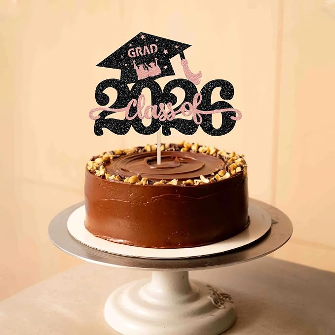 1 Pack Class of 2026 Cake Topper Glitter Congrats Grad Cap 2026 Graduation Cake Pick Decoration for 2026 Graduation Theme High School Graduate Party Cake Decorations Supplies Rosegold
