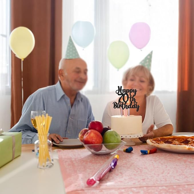 Gyufise 1Pc Happy 70th Birthday Cake Topper Glitter 70 & Fabulous Cheers to 70 Years 70th Birthday Cake Pick for Celebrating 70th Birthday Anniversary Party Cake Decorations Supplies Black