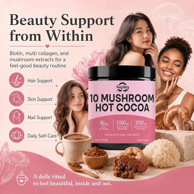 Suiyilary 10 Mushroom Hot Cocoa, 1500mg Collagen, 80mcg Biotin, Sugar Free Keto Cocoa Powder, for Healthy Hair, Skin and Nails, 15 Servings