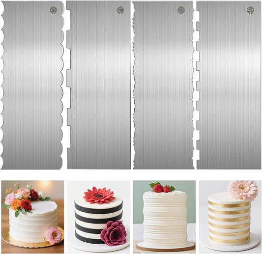 4 Pcs Stainless Steel Cake Scraper, 9 inch Cake Scraper Smoother, Double Sided Patterned Edge Stripe Edge Smoother Decorating for Mousse Butter Cream Dessert Decoration, 4 Styles