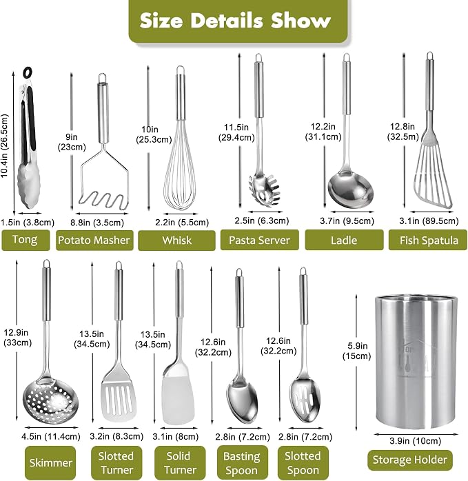 Stainless Steel Kitchen Utensils Set - 12pcs Cooking Utensils Set with Holder, Heat Resistant Kitchen Tool Set for Cooking with Turners, Potato Masher, Spatula, Spoons, Tongs, Whisk