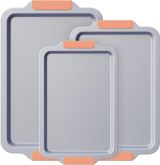 BRONYPRO Non Stick Ceramic Baking Sheet Pan Set of 3, Non Toxic Cookie Sheets (PFAS/PFOA/PTFE Free), Aluminized Steel Oven Trays with Silicone Handles, Rust-Resistant, Warp-Resistant to 500°F, Coral