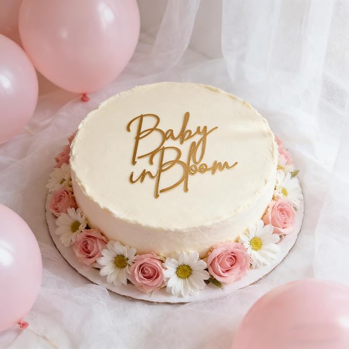 Baby in Bloom Gold Cake Topper,Acrylic Baby shower Cake Side Decorations, Gender Reveal Pregnancy Announcement/Birth Announcement/Welcome Baby Decorative Party Supplies