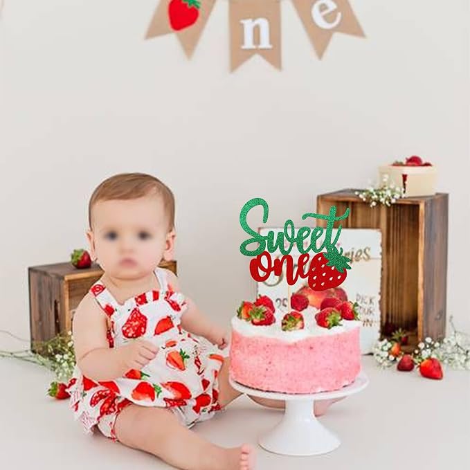 1 PCS Strawberry Sweet One Cake Topper Fruit Theme 1st Birthday Cake Pick Baby Shower Strawberry Cake Decoration for Baby Shower Kids First Birthday Anniversary Party Decorations Supplies Green Red