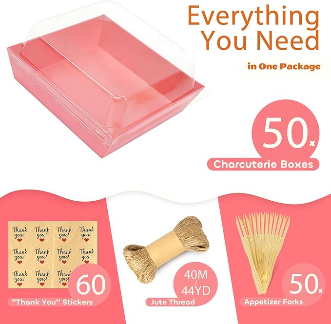 50Pcs Small Kraft Charcuterie Boxes with Clear Lids - Paper Mini Appetizer Plates for Sandwich, Cookie, Sushi, Cake Slice, and Strawberries, Pink