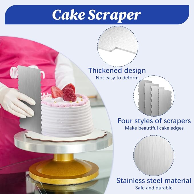 4 Pack Stainless Steel Cake Scraper,8.6 Inch Double Sided Patterned Stripe Metal Cake Smoother, Cake Decorating Comb Pastry Cutter Leveler for Mousse Butter Cream Cake Edge Baking Decoration