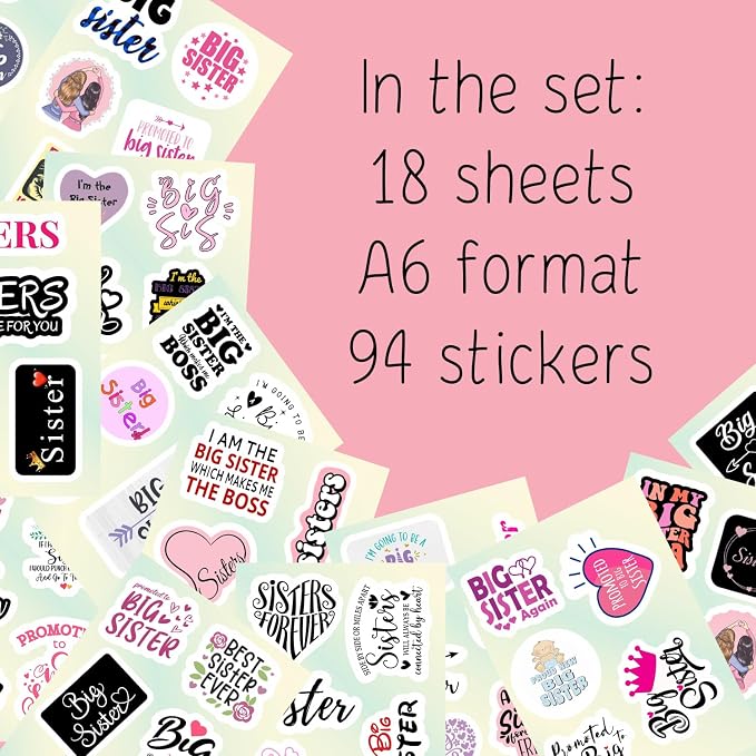 100Pcs Big Sister Stickers for Water Bottle and Laptop - Big Sister Party Supplies & Decorations, Waterproof Vinyl Decals, Sibling and Family Stickers, Gifts for Women & Men