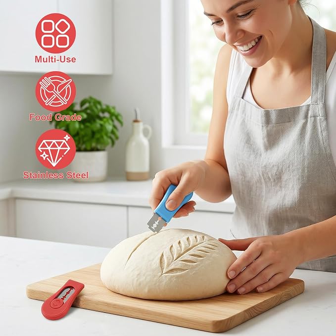 2 Pack Bread Lame Dough Scoring Tool Set, Professional Sourdough Scoring Tool & Bread Scorer with 10 Razor Blades, Finger Protectors Bread Razor for Artisan Baking Red/Blue
