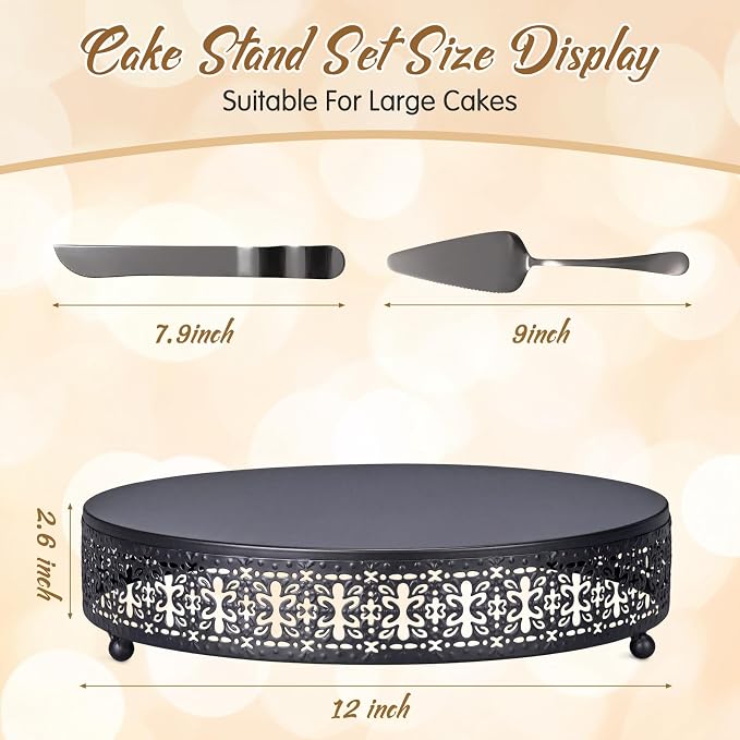 Wenqik Black Cake Stand 12 Inch Metal Round Wedding Cake Stand with Cutting & Spatula Cupcake Dessert Cookies Display Holder Fruit Serving Tray for Wedding Birthday Anniversary Party