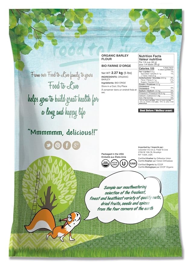 Food to Live Organic Barley Flour, 5 Pounds – Non-GMO, Stone Ground from Whole Hulled Barley, Fine, Kosher, Vegan, Bulk. Rich in Fiber. Perfect for Flour Blends. Great for Baking. Product of the USA.