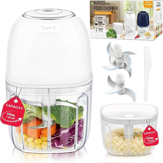 Portable Electric Garlic Chopper, 2 Bowls(1 Cup&1.5 Cup) Cordless Mini Food Processor【Up-Durable Motor】【2 Sets 304 Stainless Steel Blade】Grind for Garlic,Onion,Meat,Baby Food,BPA FREE (White)