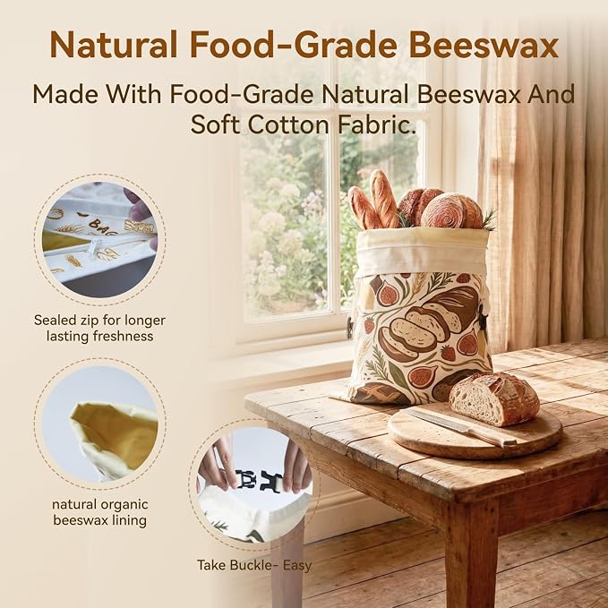 Bread Bags for Homemade Bread – 2 Packs XL Beeswax Bread Bags, 2026 Reusable Bread Bag with Sealing Zipper, Organic Cotton Natural Beeswax, Keeps Fresh, Homesteading Essentials, 13x17 Inches
