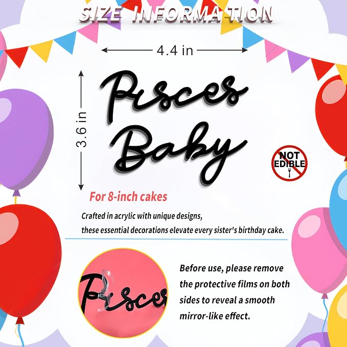 Pisces Cake Topper – Zodiac Birthday Decoration for Pisces Season, Horoscope Party Supplies for Baby or Adult Birthday (Pisces Baby black)