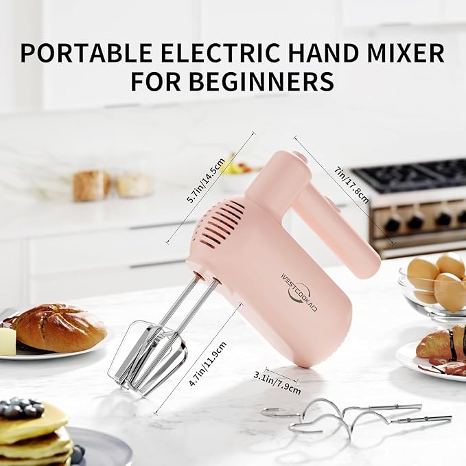 Electric Hand Mixer, 5-Speed Handheld Mixer for Baking Cakes, Eggs, Cream, 150W Turbo Boost Kitchen Mixer, Pink, Gifts for Women Mother