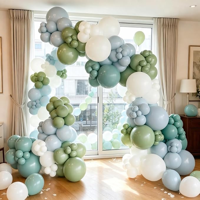 Dusty Blue Sage Green Balloon Arch Kit, Slate Fog Blue Dusty Olive Green White Balloons Different Size for Boho Baby Shower Bridal Shower Wedding Anniversary Neutral Birthday Woodland Party Decoration