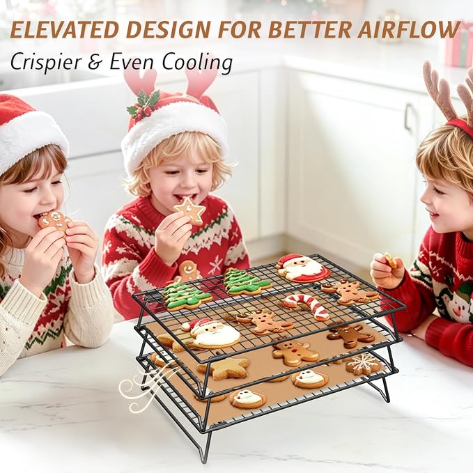 Stackable Cooling Racks 3-Tier 13.4x9.4in with 50 Parchment Papers | Heavy duty wire baking rack for cookies, bread, pizza & pastries. Collapsible for storage. Includes 7.9x11.8in sheets.