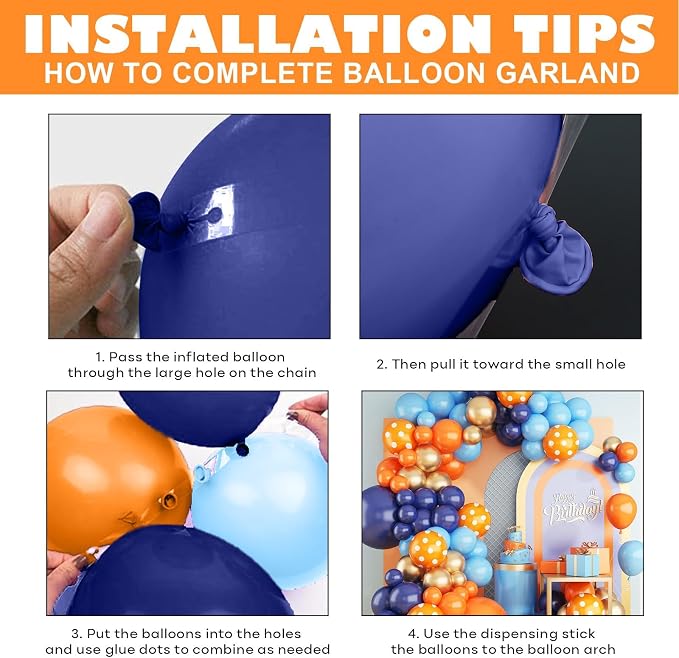 Blue and Orange Balloons Arch Kit, 108 Pcs Navy Blue Balloon Garland Kit with Metallic Gold Orange Dot Latex Balloons for Kids Boys Cartoon Theme Party Baby Shower Boys Birthday Decorations