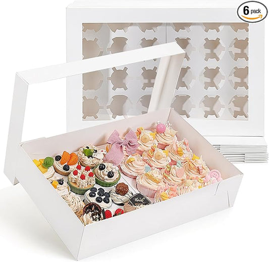 TOMNK 6 Pack Cupcake Boxes with Window for 24 Standard or Mini Cupcakes, White Cupcake Containers with Window for Birthday Holiday Party and Grad Party Dessert Packaging (17.5x11.5x4 Inch)