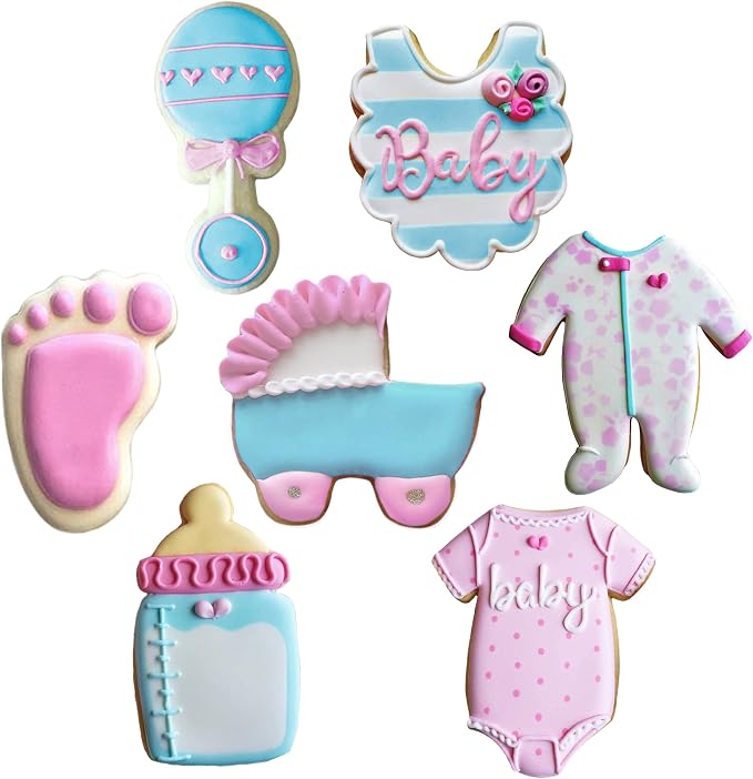 Ann Clark 7-Pc. Baby Shower Cookie Cutter Set, Made in USA, Baby Onesie, Footie Pajamas, Bottle, Rattle, Bib, Footprint and Carriage