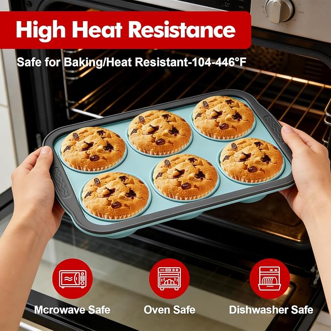 RAYBIN 2 Pack Silicone Muffin Pans for Baking with Metal Frame,Nonstick 6 Cup Silicone Cupcake Pans Egg Molds, Muffin Tins Easy to Pop Egg Baking Pan for Oven,BPA Free