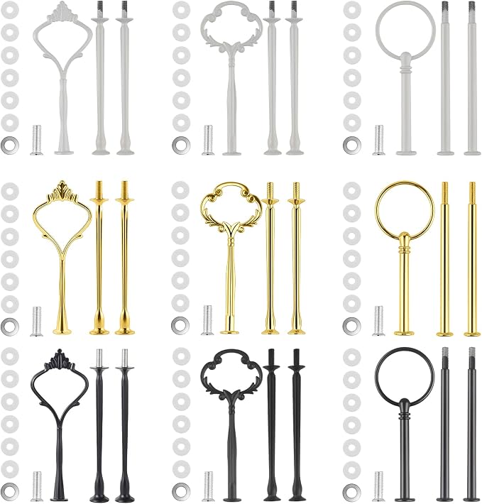 9 Set Cake Tiered Tray Hardware Kit Fittings - 3 Tier Cake Stand Hardware Holder for Christmas, Parties, Dessert Cupcake Trays - Gold, Black, White