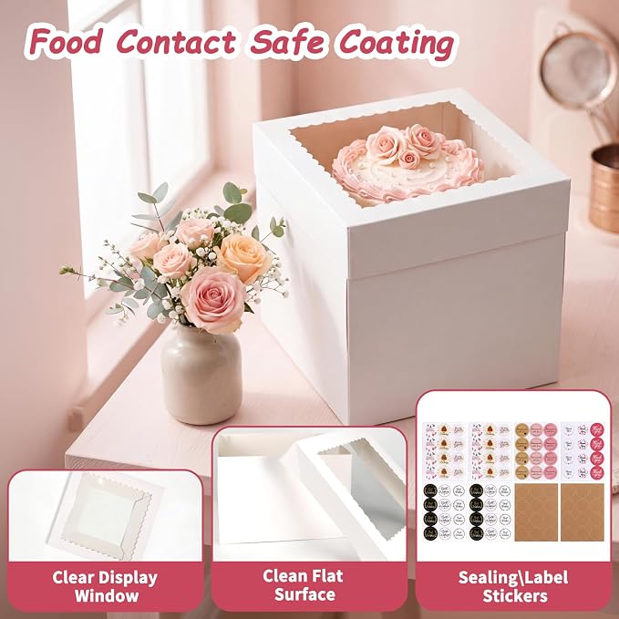 CRUGLA 24 Pack 10x10x10 Cake Boxes, White Bakery Window Boxes, Tall Dessert Carrier for Birthdays, Weddings & Bake Sales