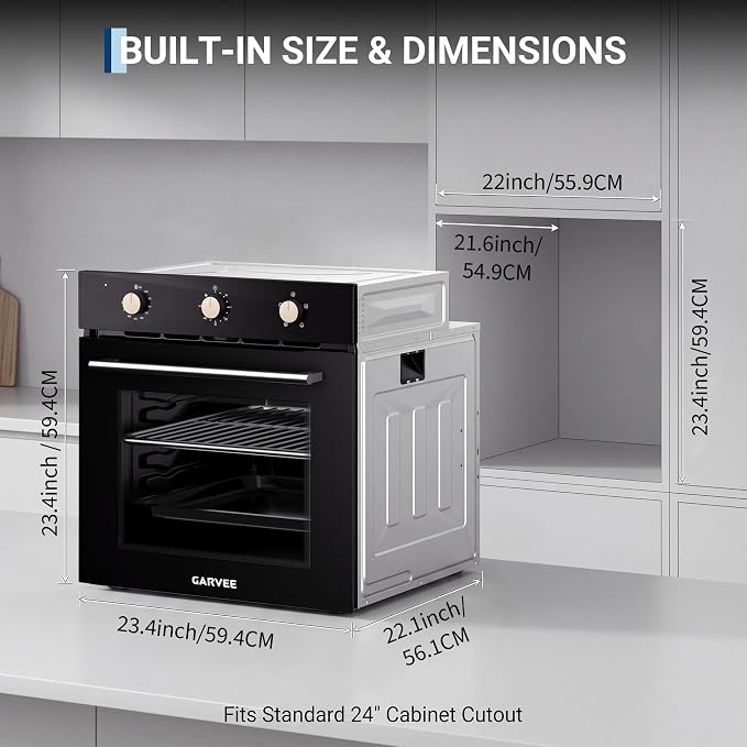 Garvee 24 Inch Single Wall Oven, 2.5 Cu.ft. Built-in Electric Oven with 4 Cooking Functions, 3000W Power, Knob Control, Low-e Glass Door & Cooling Fan, Easy Clean Enamel Interior, Black