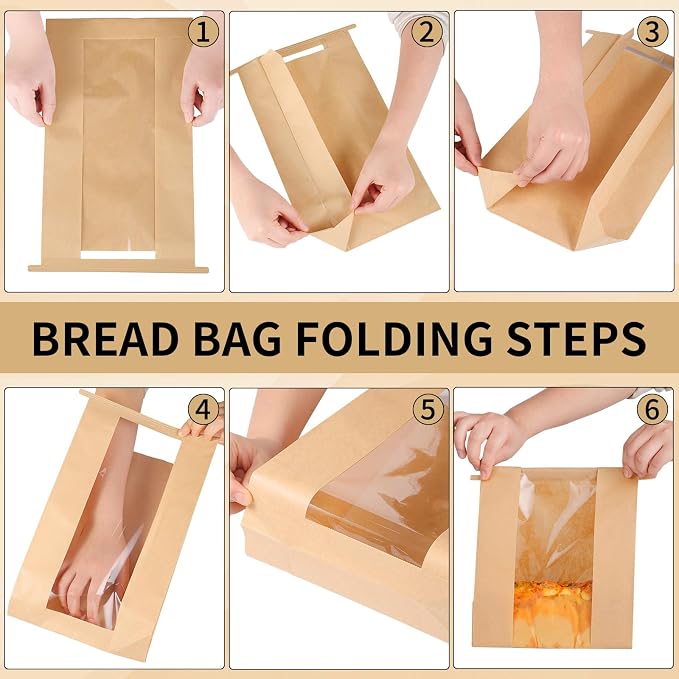 woric 60 Pack Paper Bread Bags for Homemade Bread 14" X 8.3" X 3.5", Sourdough Bread Bags with Tin Tie Tab Lock Clear Front Window and Label Seal Stickers Bakery Bags for Cookies Bread and Treats