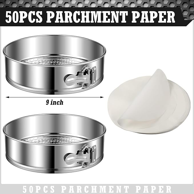 Pickmesh 2 Pack 9 Inch Springform Pans for Baking, Nonstick Round Cheesecake Pans Leakproof Stainless Steel with Removable Bottom with 50 Parchment Paper