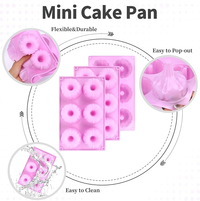 3 Pack Purple Mini Cake Pans for Baking, Silicone Small Cake Pan Mold Moldes Para Gelatinas, 6 Cavity Nonstick Mini Cheesecake Pans, Jello Molds Silicone Donut Pan for Baking Cupcakes Chocolate