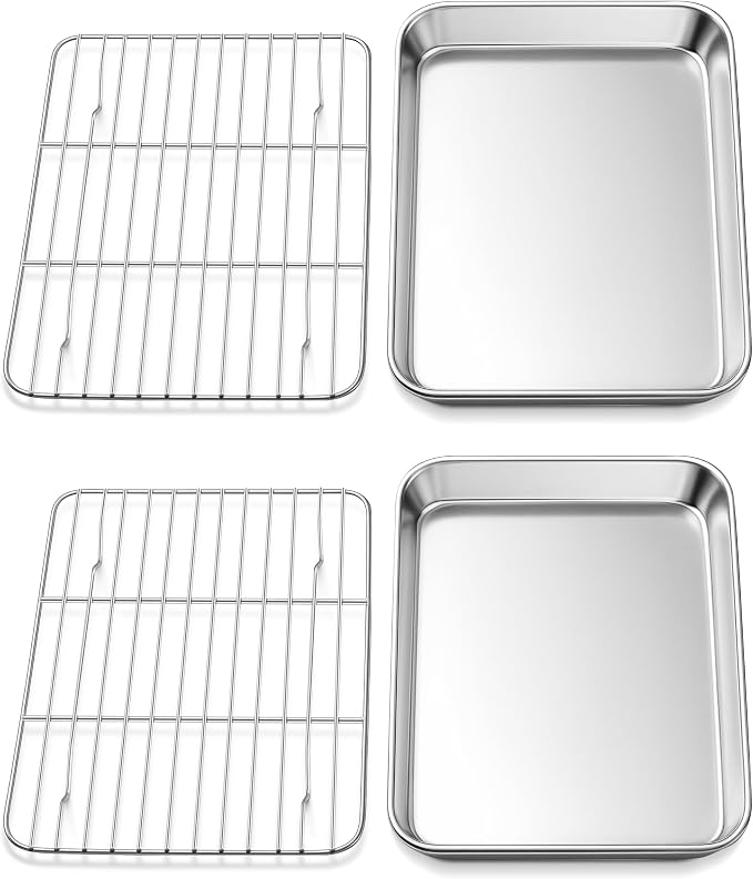Homikit 9x7 Inches Baking Sheet with Wire Rack Set (2 Pans + 2 Racks) | Stainless Steel Mini Baking Pans with Cooling Racks, Small Metal Cookie Bacon Toaster Oven Tray for Baking, Dishwasher Safe