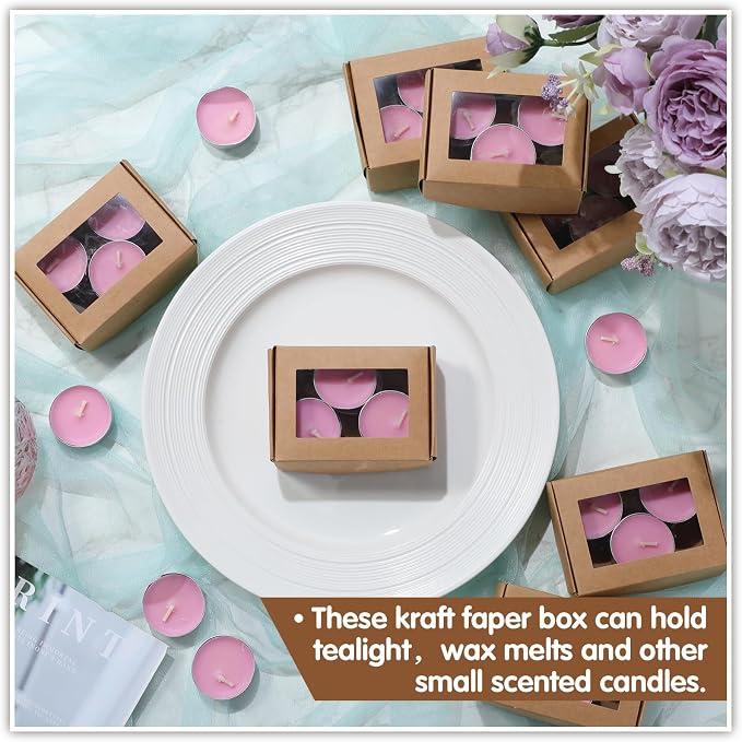Zonon 100 Pcs Soap Boxes for Homemade Packaging, Mini Kraft Boxes with Window for Bakery Candy Soap Making Gift Packaging, 3.7x2.6x1.4 Inch (Brown)