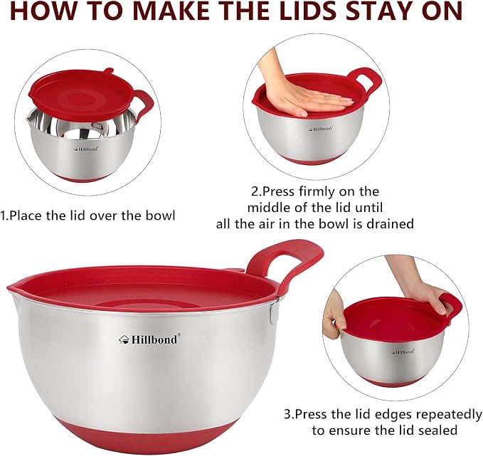 Hillbond Mixing Bowls with BPA Free Airtight Lids Nesting Bowls with Pour Spout, Silicone Handle and Non-Slip Bottoms for Baking, Stainless Steel Mixing Bowls Dishwasher Safe, 1.5, 3, 5 QT(Red)