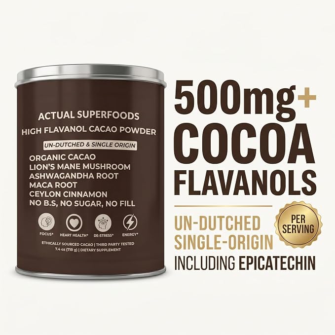 High Flavanol Cacao Powder Blend - Flavanols & Flavanoids - Organic Coffee Alternative with Lions Mane, Ashwagandha, Maca & Ceylon Cinnamon - 7.4 ounces - Morning Focus & Energy Ritual