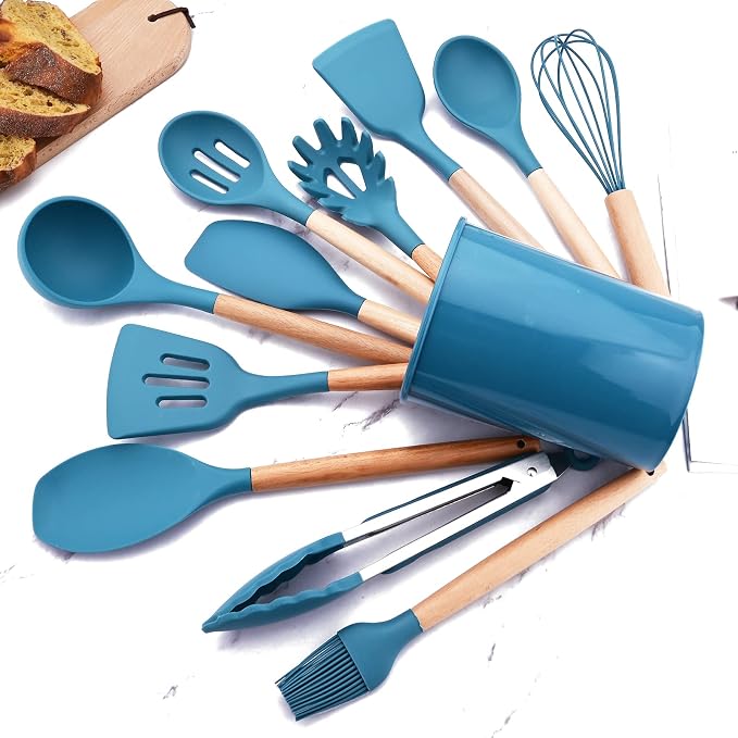 12Pcs Blue Non Stick Silicone Kitchen Utensils Wood Handle, Silicone Cooking Utensils Spatula Set with Holder, Heat Resistant Sturdy Kitchen Gadgets Tool Set