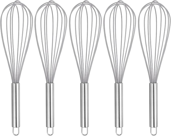 HARFINGTON 5Pcs Silicone Whisk 12" Kitchen Whisk Wire Whisks Beater with Stainless Steel Handle for Egg Milk Whisking Blending Beating & Stirring, Grey