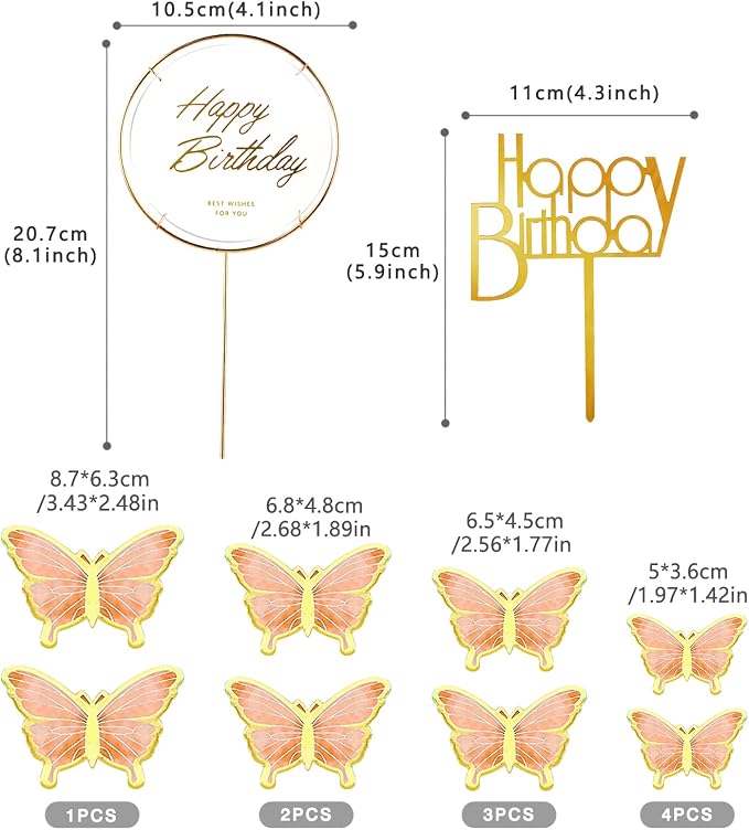 22-Pieces Butterfly Cake Decorations With Happy Birthday Acrylic Cake Toppers for Baby Shower Wedding Birthday Party Decor (Orange)