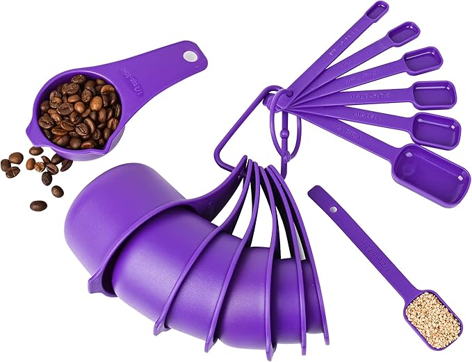 Purple Measuring Cups and Spoons Set 15, Plastic Mesuring Cups and Spoons, 7 Plastic Measuring Cups and 7 Measuring Spoons with leveler, Cute Measure Cups for Baking & Kitchen