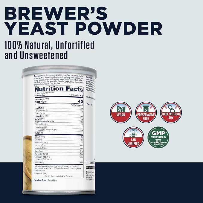 KAL Brewers Yeast Powder, Unfortified, Unsweetened Super Food, 100% Natural Source of Protein, B Complex Vitamins, Amino Acids - Vegan, Preservative Free, Made Without Soy - Approx. 18 Servings, 7.4oz
