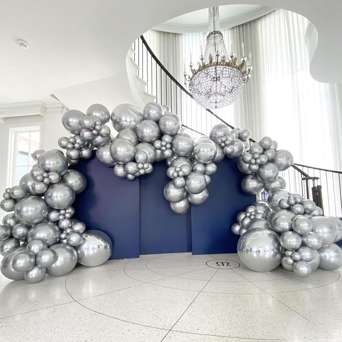 Voircoloria 90pack Metallic Silver Balloons Different Size 18/12/10/5 Inch Chrome Silver Balloon Garland Arch Kit for Graduation, Wedding, Birthday, New Year, Baby Shower Decorations